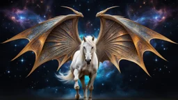 horse-dragon stunning weird hybrid , ghostly wings, symmetrical, galaxy, stars, fantasy, sci-fi, detailed, masterpiece intricate detail, deep colors, hight textures, glitch, metallic shine, sharp focus, 64 megapixels, surreal fantasy mood