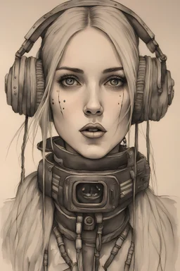 Singer Danish MØ face, style cyberpunk, watercolor illustration by <John Kenn Mortensen>,