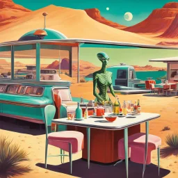 1950’s retro sci-fi space alien visit a diner in the desert