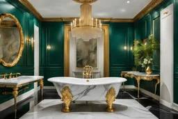 Malachite bathroom with a white marble bathtub on gold baroque legs, a marble sink with a gold vase faucet, and a gold-framed oval mirror with a gold towel holder, in an eccentric, luxurious style, high fetailed, cinematic