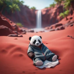 pen outline, waterfall, panda in luxury sleeping bag on red sand beach ,bokeh like f/0.8, tilt-shift lens 8k, high detail, smooth render, down-light, unreal engine