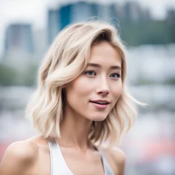 beautiful anorexic asian female, total shot, shiny silver triathlon swimsuit, short blond wavy bob hair, blurred city background