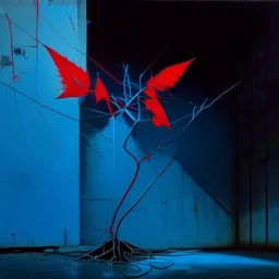 Minimal abstract oil painting of a neon large red leaf plant in concrete warehouse brutalist architecture and hanging wires illuminated at night. With triadic blue colours. In the style of Justin Mortimer and Phil Hale, Ashley Wood