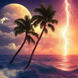 1980's vaporwave aesthetic palm trees with lightning with solar eclipse in the ocean waves sunset