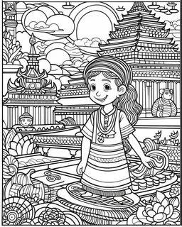 coloring pages for kids, Thai line art , 3D paper art, illustration cartoon style, thick lines, low detail, black and white, no shading, --ar 85:110