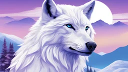 white wolf, looking over snowy mountains, blue and purple gradient sky