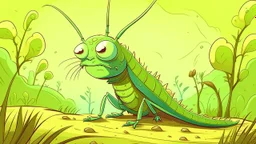 fantasy cartoon style illustration: a grasshopper hopped out of his burrow