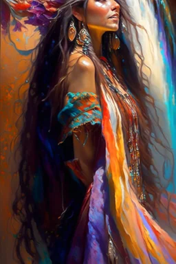 A stunningly beautiful bohemian enchantress with flowing locks of hair cascading like a waterfall down her back adorned in a captivating and vibrant traditional gypsy dress that exudes an air of mystery and allure, Highly detailed, Vivid colors, Warm lighting, Dreamlike, Magical, art by ruan jia and mandy jurgens and artgerm, Digital painting, Sharp focus, Portrait, Trending on Artstation HQ, fantasy.