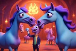 satanic whisperer whispering horses so they go crazy, in the style of Pixar, expertly crafted in a whimsical and vibrant cartoon style. is masterfully rendered in a lifelike 3D design, which captivates viewers with there irresistible charm.