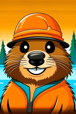 Portrait a cartoon smiling Beaver in front of a dam wearing an orange safety vest with an HQ Logo on the helmet