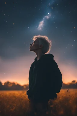 a non-binary person looking up to an ethereal in a pasture at night during fall