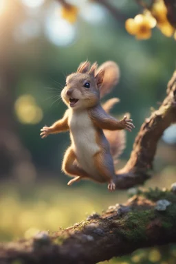 daisy slow motion jumping squirrel elf in angry talking mutant tree, bokeh like f/0.8, tilt-shift lens 8k, high detail, smooth render, down-light, unreal engine, prize winning