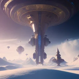 Spaceship landed on snowy mountain, sunny day. clear blue sky. gold. Elegant. Extremely detailed. Award winning photography. Fantasy. 8k. Cinematic lighting. Photorealistic. Dynamic lighting. Imperial colors. Crisp quality. Unreal Engine. Colourful cinematic postprocessing. Pixar. VRay.