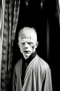 Artistic portrait of an albino vampire portrayed by Kadaj in front of a blood splattered curtain by Herbert List