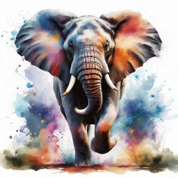 A wild <elefant> in full roar, charging forward with a fierce expression. The image is captured in a dynamic watercolor style, showcasing vibrant colors and fluid brushstrokes. Splashes and splatters around the <animal> suggest its swift movement and wild energy. The body is particularly detailed with bright colors to emphasize its impressive size and the <elefant>'s regal presence.