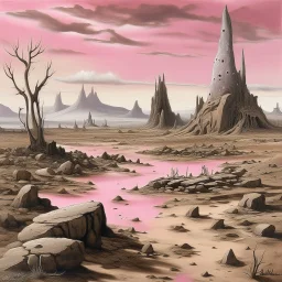 A grayish pink magical wasteland with rune rocks painted by Salvador Dali
