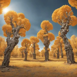 alien landscape of surreal giant hypodermic syringe trees, sun made of cell phones melted together, photorealism, by Cindy Sherman, by Dariusz Klimczak, natural colors, volumetric lighting.