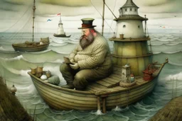 A fat man wearing a hat, is in a bath tub, by a light house, by andrea kowch, holding a umbrella, inspired by andrew wyeth. A rustic harbour, with ships docked is nearby. The Beach is covered with sea shells, crabs and lobsters.There are rain clouds and everything looks as if done in watercolors victo ngai, matisse, monet, catrin welz-stein, vladi