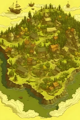 treasure map of an island with a tavern, bunch of houses and a huge forest situated far from the houses and tavern. overview prespective with aesthetic yellow shade