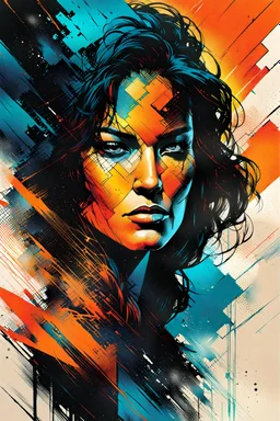 create an abstract portrait illustration of a female face formed from an inner city landscape , highly detailed , in the comic art style of FRANK MILLER and BILL SIENKIEWICZ, searing lines and forceful strokes, boldly inked, with gritty textures, vibrant colors, dramatic otherworldly lighting, highly detailed facial features, 8k