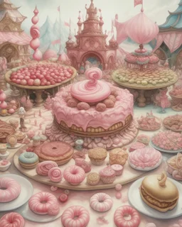A light pink mystical carnival made out of cakes, cookies, and donuts painted by Albrecht Durer