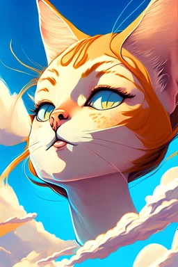 cartoon art close up on face of human female cat on the sky background