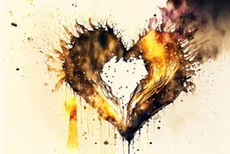 double exposure, merged layers, fireplace with dynamically blazing fire in coffee color, ink splatter art, watercolor and ink, golden glitters, double exposure heart and love