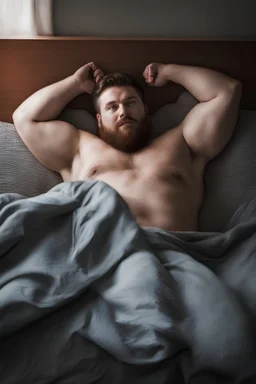 full figure photography, chubby, 35mm lens, burly italan man short hair, 27 years old lying in bed , red beard, , hairy armpits, manly armpits, ugly and dirty, manly chest, hairy chest, big shoulders, muscular chubby, manly chest, shirtless, with bulging unbuttoned boxer, sad eyes, photorealistic , dim side light, ambient occlusion, in the dark , aerial view