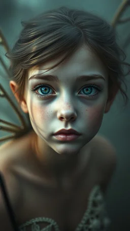 Extremely realistic photo of fairy looking at you,with big winks, fog, general foul weather, (Rembrandt Lighting), zeiss lens, ultra realistic, (high detailed skin:1.2), 8k uhd, dslr, Dramatic Rim light, high quality, Fujifilm XT3, artwork in pale distressed tones , minimalistic approach, blends old world aesthetics art with elements of distressed painting and illustration, shadow play, high conceptuality, palette inspired by Charlene Mc Nally, Carne Grif