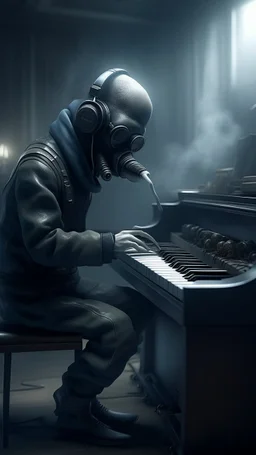 A piano player wearing gas masks, they are tied to their musical instruments ,surrealism of the dark of a nightmare ten miles high and six foot deep, hyper photorealistic, hyper detailed dark art color, high resolution, fog, octane render, tilt shift, HDRI Environment, all pictures dark gray