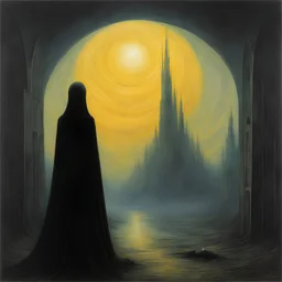 [art by Zdzisław Beksiński] She stands tall, her presence commanding respect. A young Bene Gesserit, a woman of poise and grace, adorned in the traditional black robes of her order. Her eyes, piercing and calculating, seem to hold a depth of knowledge beyond her years. The bridge of the spaceship is her realm, her domain.