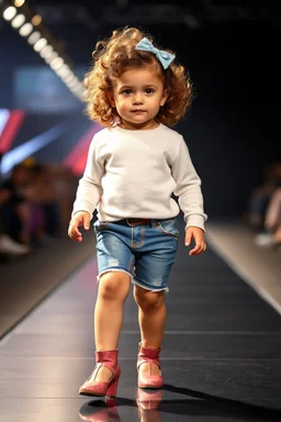2 years old baby girl with clothing like fashion model with high heels ,curvy wavy hair ,cat walks in runway