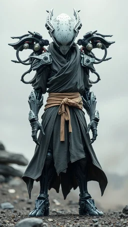 A centering dynamic view action showcasing the fusion of figma and Neumorphic elements, depicting a fully fantasy of an alien Its intricate mechanisms are driven by interlocking robes and complex fabrics casual outfit embedded throughout its massive figma frame. Stance on black mechtech battlefields abandone Dojo. And the face is looking at the camera