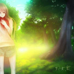 Insanely portrait of beautiful girl day, sunny, relaxing, sea, trees, real details anime style, realistic, glowing forest, 8k