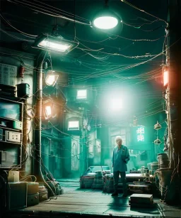 Ultra realistic photographic night portrait, cinematic, <Asian woman>::<Asian doctor old man><hanging wires> <retro computer> <cyberpunk> <many wires><perfect pupil> <cyborg arm> <garage> <wide angle Shot> <sci-fi futuristic> <thriller>, color fog, soft color, highly detailed, unreal engine 5, ray tracing, RTX, lumen lighting, ultra detail, volumetric lighting, high definition.