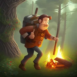 a man running with an axe in the forest by a campfire and stone wall, all in pixel art cartoony stile