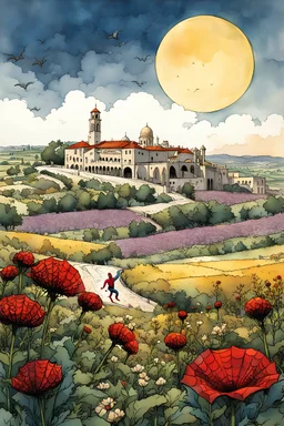 Happy little spider-man playing in a beautiful field of flowers in Palestine and luxury city and in the background Al-Aqsa Mosquecreate in inkwash and watercolor a peaceful villa set in the tranquil landscape of ancient Tuscany in the comic book art style of Mike Mignola, Bill Sienkiewicz and Jean Giraud Moebius, , highly detailed,, grainy, gritty textures, , dramatic natural lighting