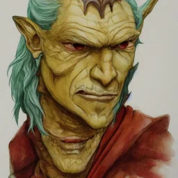 dungeons and dragons, fantasy, goblin, king, ochre skin, watercolour, distinct face, portrain, head