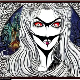 extrem tim burton style and disney style of an old and extrem malicious stepmother, sharp focus, sneaky eyes, old face