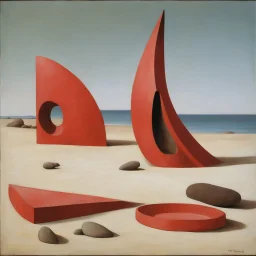 Odd red sculpture, realistic, beach, Max Ernst