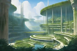 [high res illustration by Jean-Claude Meziere with Kupka's palette] The Hanging Gardens of Babylon, once a marvel of ancient beauty, now transformed into a futuristic starship construction site that rivals even the grandeur of Utopia Planitia. The air hums with the sound of machinery and the scent of metal and innovation. Giant cranes reach towards the sky, lifting massive components into place, while teams of engineers and technicians scurry about, working tirelessly to bring the vision of int