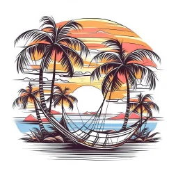 A tropical paradise island with palm trees and a hammock, dreamy, idyllic, sunset glow lighting, T-shirt design graphic, vector, contour, white background