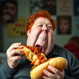 fat man with red hair eating a big hot dog, realistic photo, big mouth open, "Karlsson på taket" vibes
