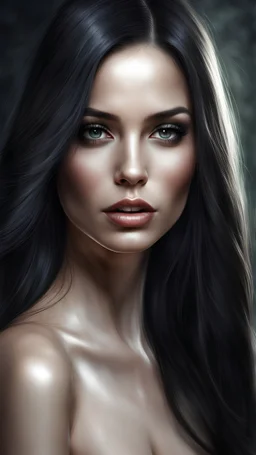 Portrait of a skinned beautiful woman with long dark hair, photorealistic, fantasy