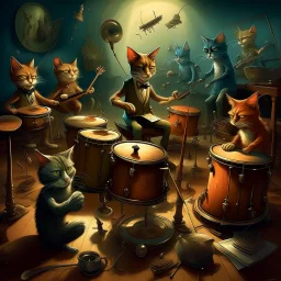 Anthropomorphic cat -women orchestra playing drums// surrealistic, splash art, concept art, mid shot, intricately detailed, color depth, dramatic,magical realism,dreamlike, side light, octane Render, retina display HDR breathtaking masterpiece Dali Magritte Victor Brauner Lucian Freud Henri Moore