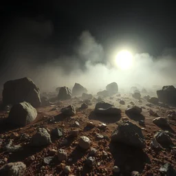 A striking quality close-up photograph captures a wasteland with odd stones, spooky, creepy, details of the dust very accentuated, glossy, organic, adorned with minerals and rocks, fog. Bathed in intense light, eerie, Max Ernst style, black sun, fog