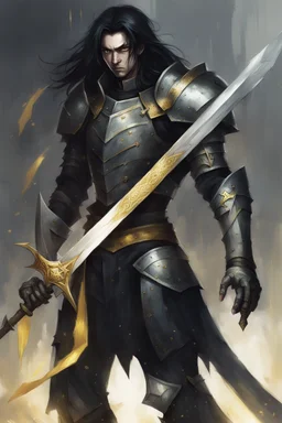 dnd character fantasy paladin knight, weathered plate armour, guilded effects, long black hair, gloomy expression on face, serious moody eyes, drawn full portrait in the style of Nobuyoshi Araki