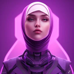 Cute girl face in hijab, Sci-fi character, purple backlight, pink and purple, scifi suit, profile, purple background, pink lighting