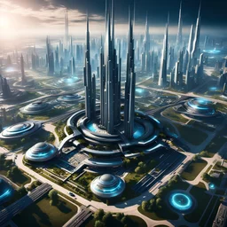 Vista aérea ciudad futurista de ciencia ficción, calidad ultra 12k