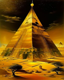 A golden yellow pyramid kingdom with flashing light painted by Salvador Dali